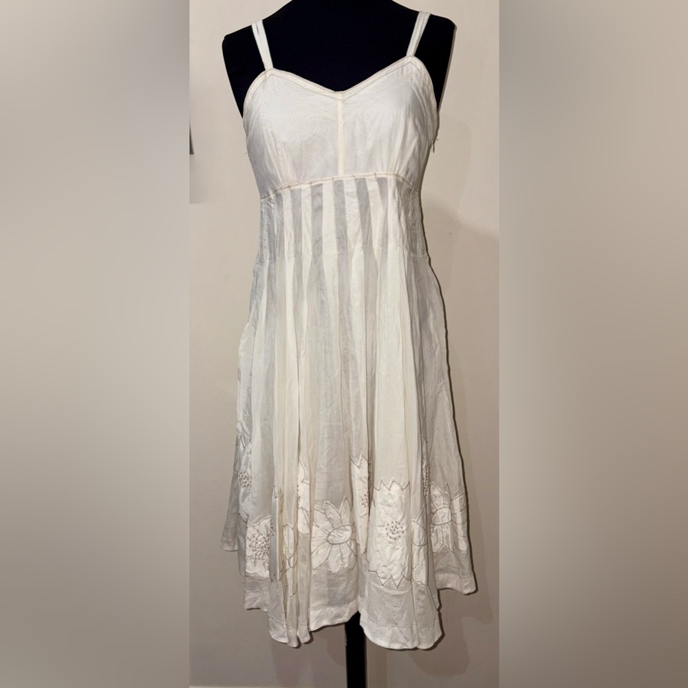 Apanage Femme Sz 4 Ivory Silk Cotton Floral Appliqué Embroidery Midi Dress